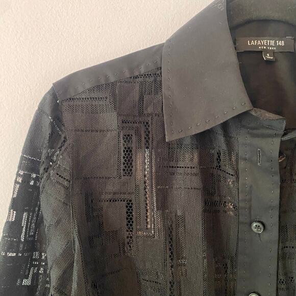 Lafayette 148 Black Translucent Long Sleeve Blouse Cotton Blend Women size Small - Picture 4 of 12